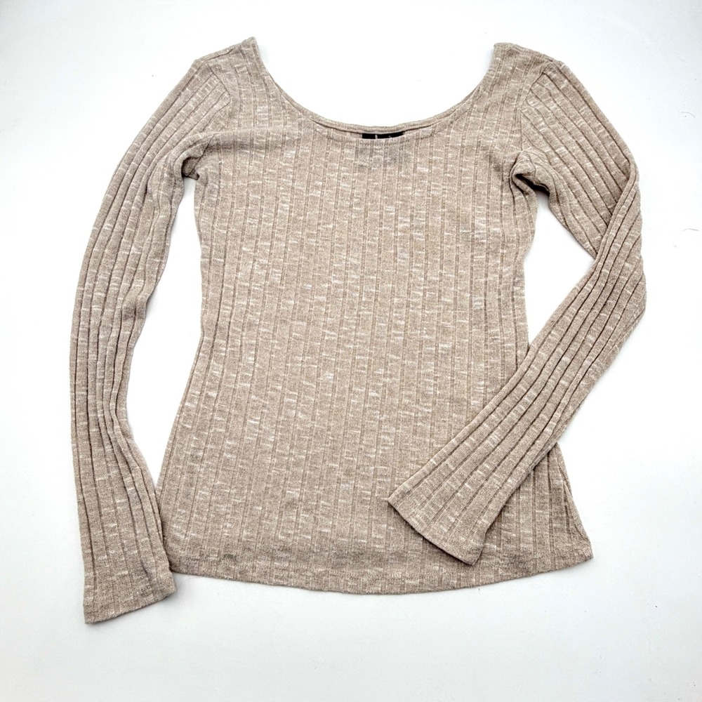 Ultra Flirt Womens Tan Marl‎ Ribbed Scoop Neck Long Sleeve Top Size S 3A874